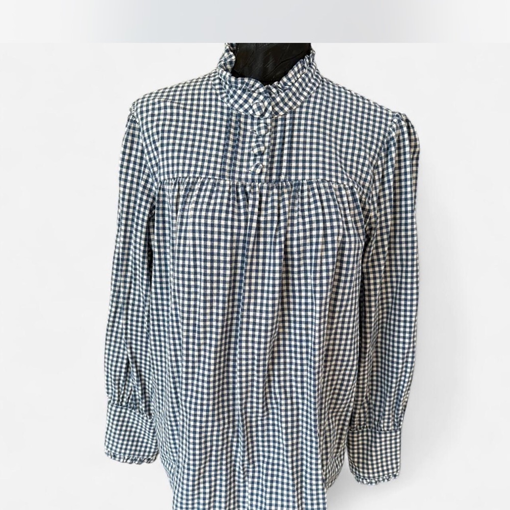Classic Navy and White Gingham Blouse - High Neck
